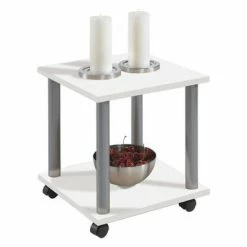 FMD Table d'appoint avec roues pivotantes Blanc