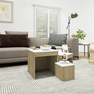 VidaXL Tables gigognes 3 pcs Blanc et chêne sonoma Aggloméré 2 VidaXL Tables gigognes 3 pcs Blanc et chêne sonoma Aggloméré – Image 2