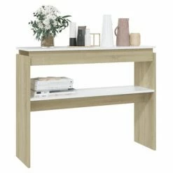 VidaXL Table console Blanc et chêne sonoma 102x30x80 cm Aggloméré -Tables d'appoint Soldes image 3 808328