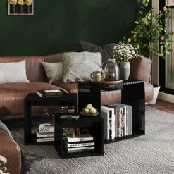 VidaXL Tables gigognes 3 pcs Noir brillant Aggloméré -Tables d'appoint Soldes image 3 808583