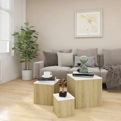 VidaXL Tables d'appoint 3 pcs Blanc et chêne sonoma Aggloméré 3 VidaXL Tables d'appoint 3 pcs Blanc et chêne sonoma Aggloméré – Image 3