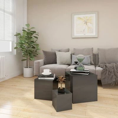 VidaXL Tables d'appoint 3 pcs Gris brillant Aggloméré 3 VidaXL Tables d'appoint 3 pcs Gris brillant Aggloméré – Image 3
