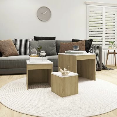 VidaXL Tables gigognes 3 pcs Blanc et chêne sonoma Aggloméré 3 VidaXL Tables gigognes 3 pcs Blanc et chêne sonoma Aggloméré – Image 3