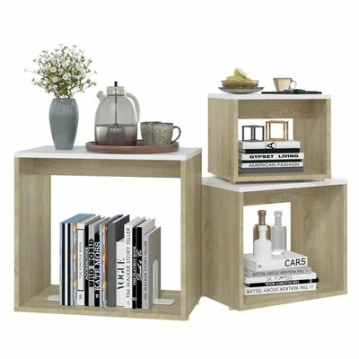 VidaXL Tables gigognes 3 pcs Blanc et chêne sonoma Aggloméré 4 VidaXL Tables gigognes 3 pcs Blanc et chêne sonoma Aggloméré – Image 4